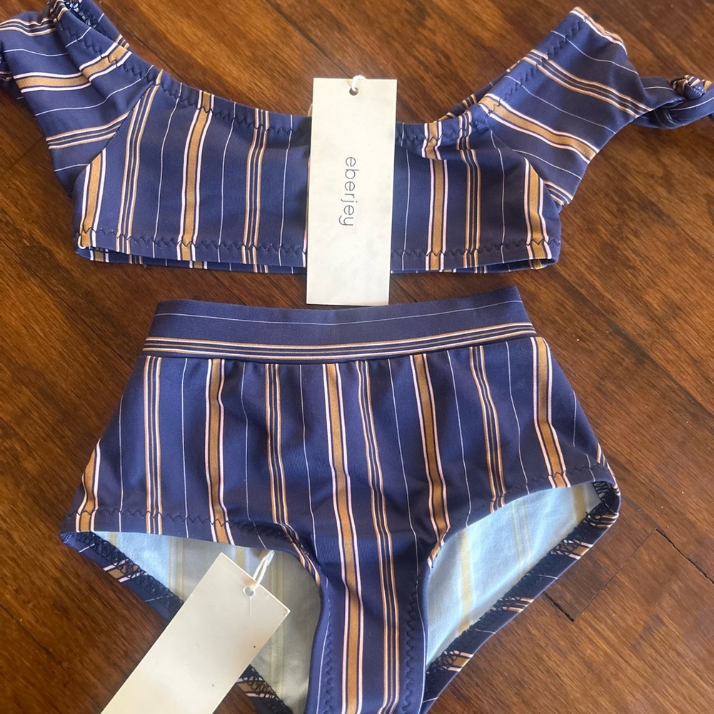Eberjey Girls' Navy & Tan Striped High-Waist Bikini Set